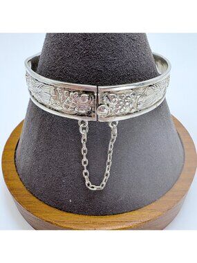 Rose Flower Design Hinged Bangle Bracelet Antique Sterling Silver 925 Size L